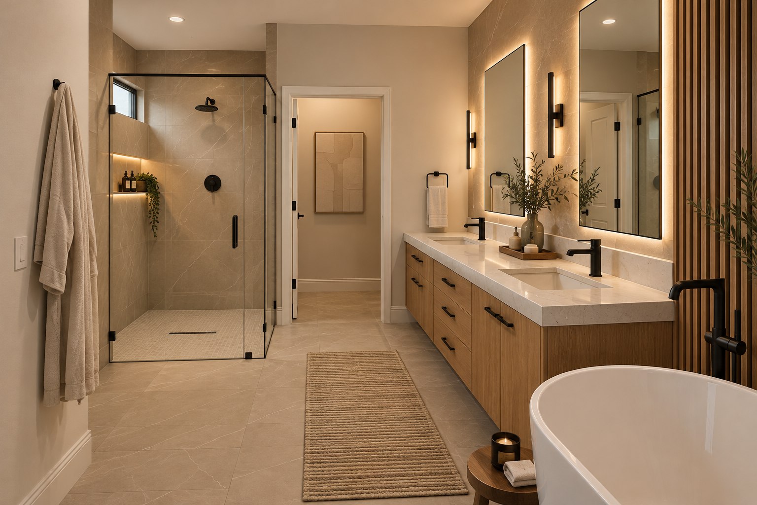 Modern spa bathroom with warm neutral finishes