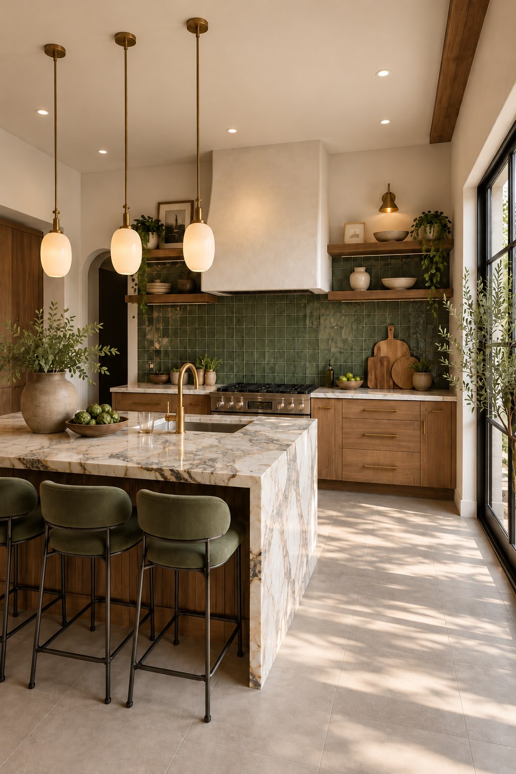 Natural kitchen with green tile and marble island
