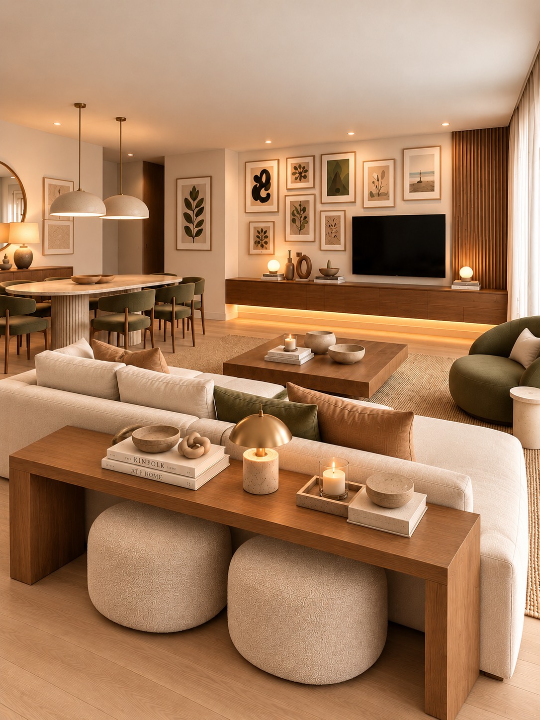 Warm contemporary living and dining room in earthy tones