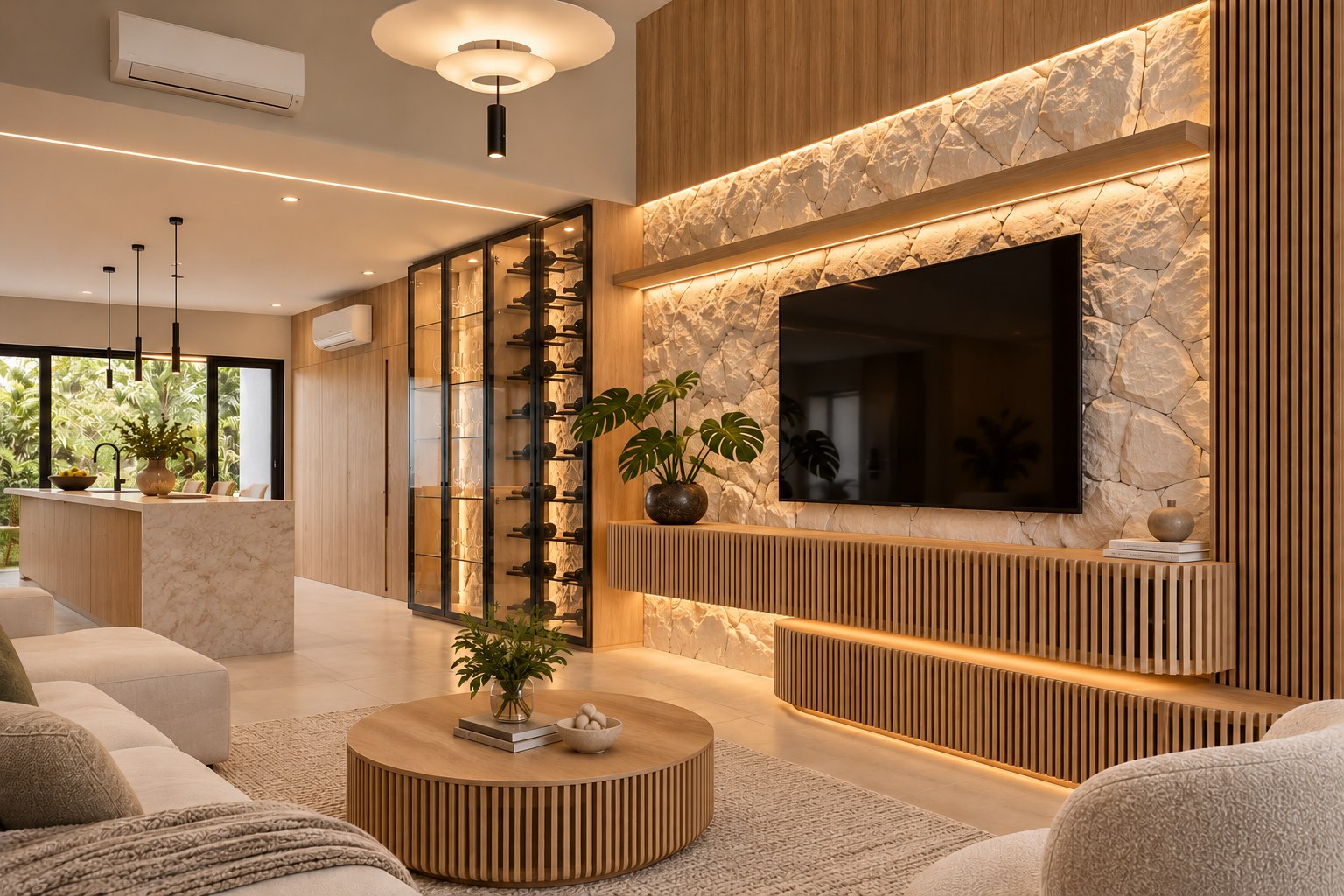 Integrated living and kitchen space in natural materials