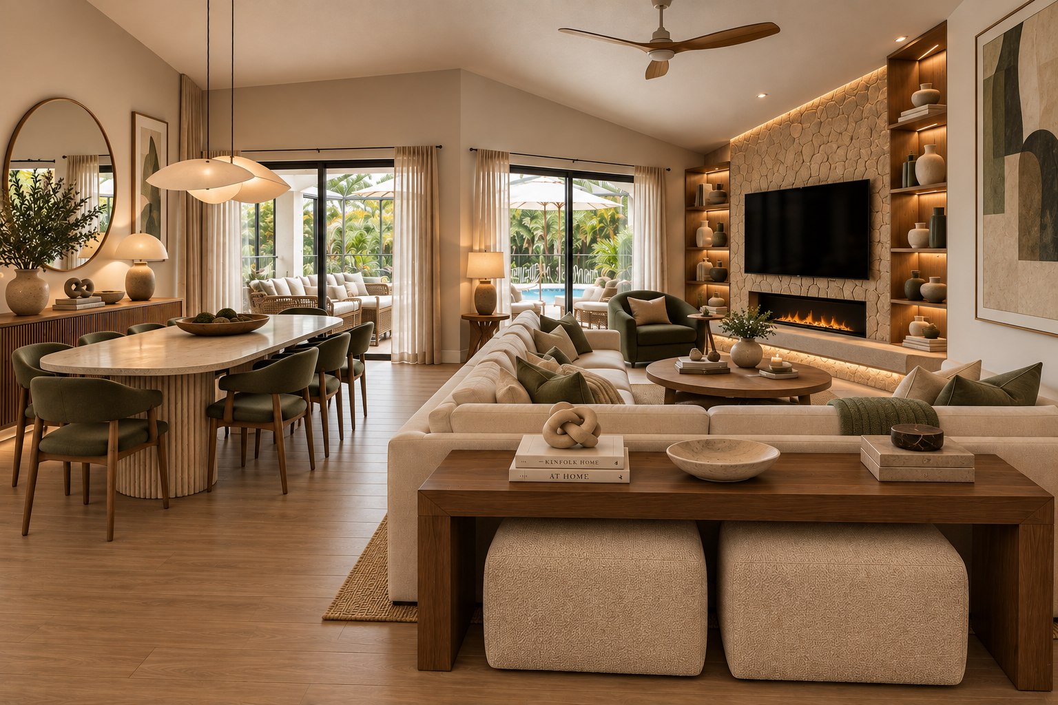 Warm integrated living room with organic natural textures