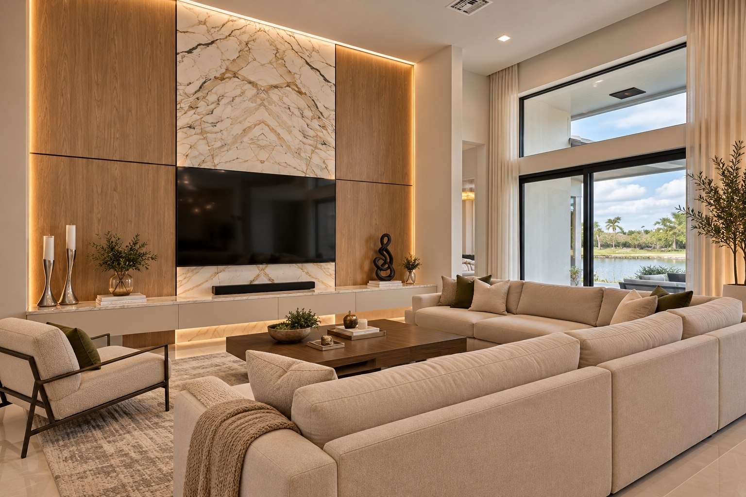 Luxury living room with stone and wood feature wall